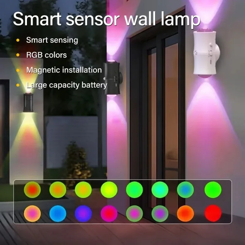 Motion Sensor LED Wall Light 7 Colours RGB Rechargeable Double-head Magnetic Spotlight For Bedroom Hallway Stair Ambient Light