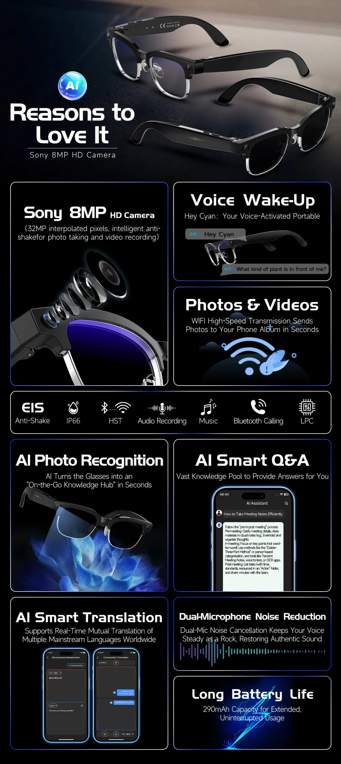 New Smart Glasses with 800W Pixel Camera AI Photo Recognition Call Voice Translation Video Recording Sunglasses Men & Women - Image 9